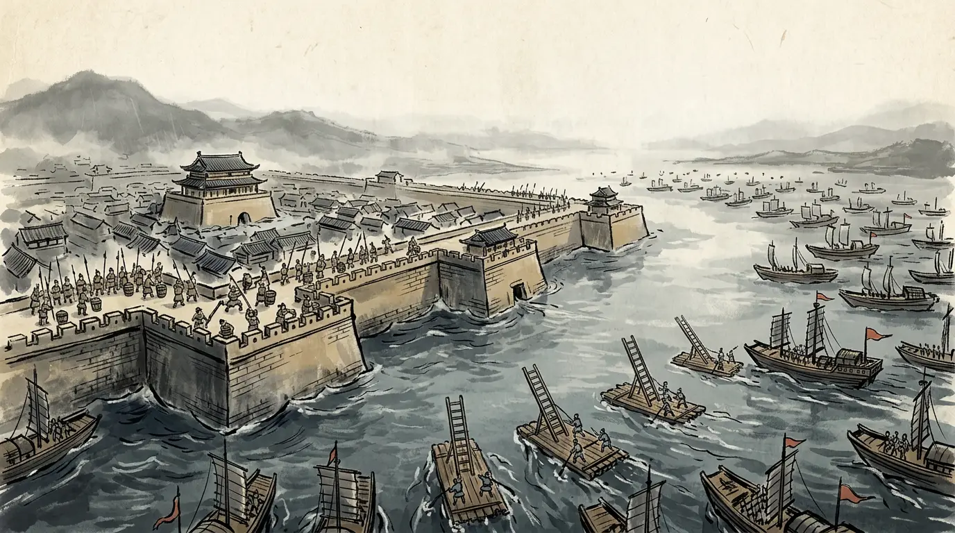 Panel 08: At Fancheng itself the water rose inside the walls. The garrison bailed by hand while Guan Yu's boats came to the ramparts and the siege closed in layers. There was counsel to leave the city and let the river have it. Cao Ren held.