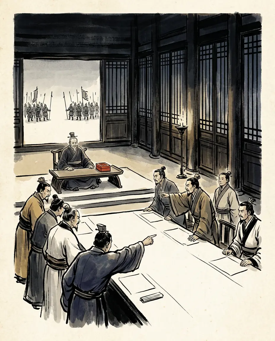 Panel 09: Yu Jin in chains, Pang De dead, Fancheng under water and Xiangyang still closed: the news did what no army had done. The histories use four characters — his might shook all under heaven (威震華夏). At Xuchang they began to speak of moving the capital out of his reach.