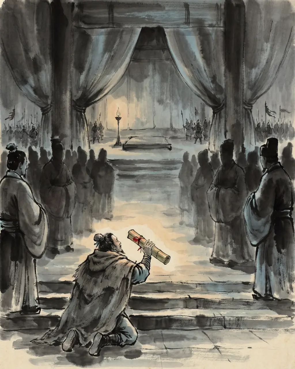 Panel 10: The grudge was older than the war: Sun Quan had once sent to ask for Guan Yu's daughter for his son, and Guan Yu had cursed the envoy and refused the match. Now Sun Quan wrote to Cao Cao, offering to take Guan Yu himself — and asking that not a word of it leak.