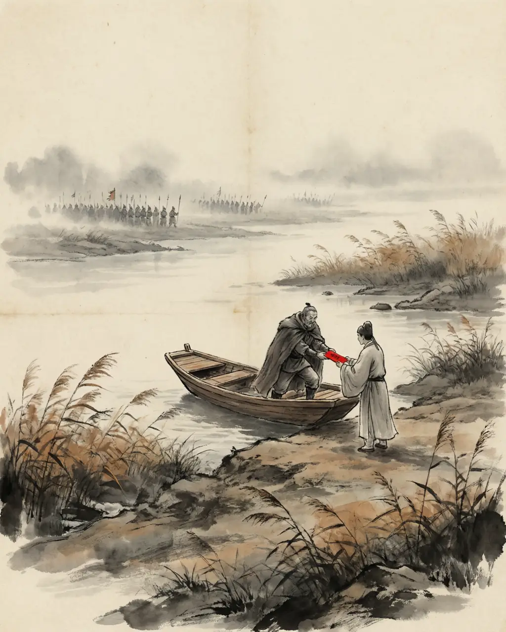 Panel 11: Lu Meng, who commanded at Lukou, reported himself gravely ill and went down to Jianye. In his place came a young scholar-general whose name Guan Yu did not think worth fearing: Lu Xun. Guan Yu watched the sickbed and the promotion — and drew troops off the river defences to send them north to the siege.