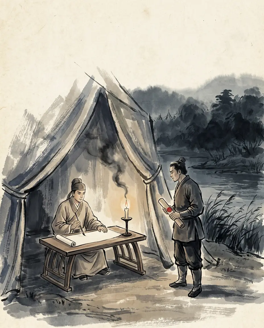 Panel 12: Lu Xun wrote to Guan Yu as a junior writes to a hero: praising the taking of Yu Jin, calling himself a bookish man unfit for command, and begging the protection of so great a neighbour. Guan Yu read it and was pleased, and put away what was left of his caution.