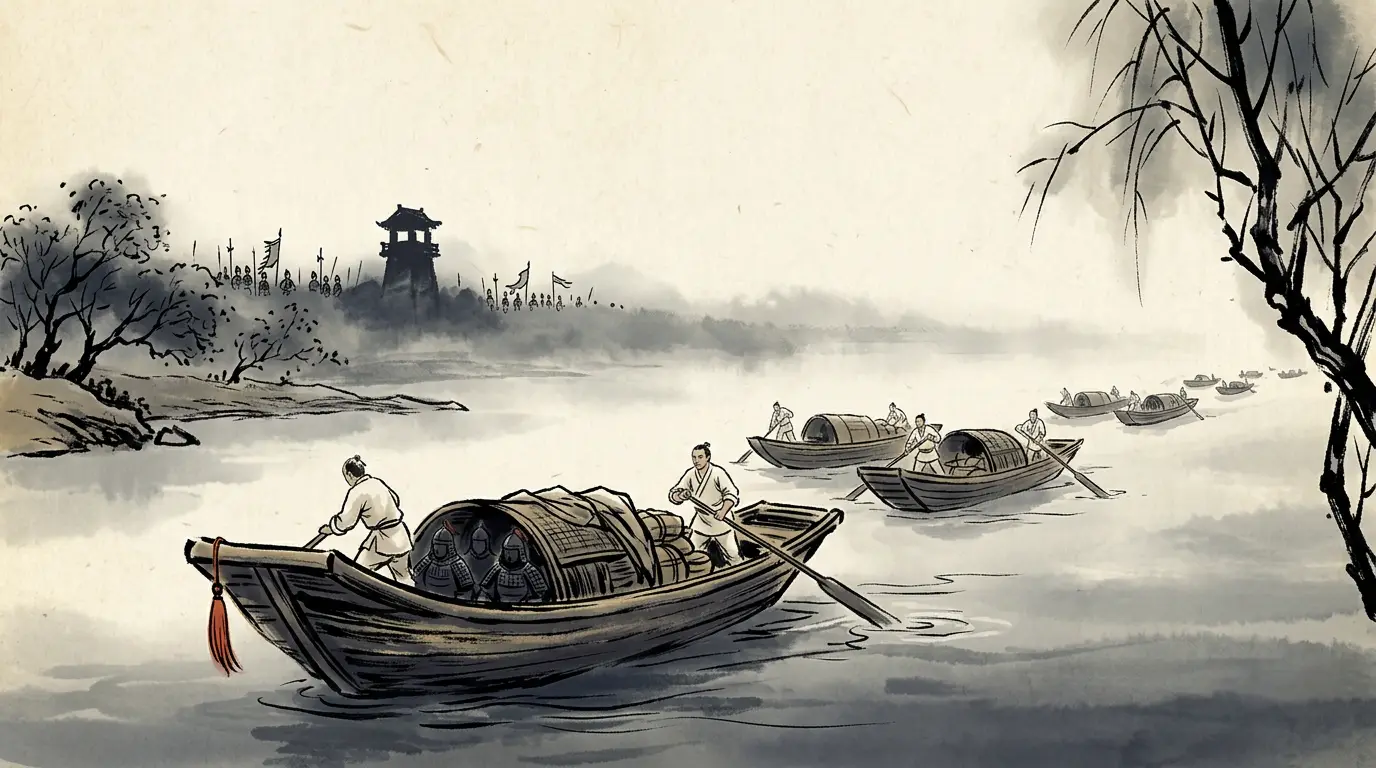 Panel 13: Then the river moved. Lu Meng hid his picked soldiers in the hulls and dressed his rowers in white, as merchants; the oars were muffled, and the fleet drifted past the watch-posts of Jing Province day and night. No beacon was lit, because no one saw an enemy — only trading boats on the water.