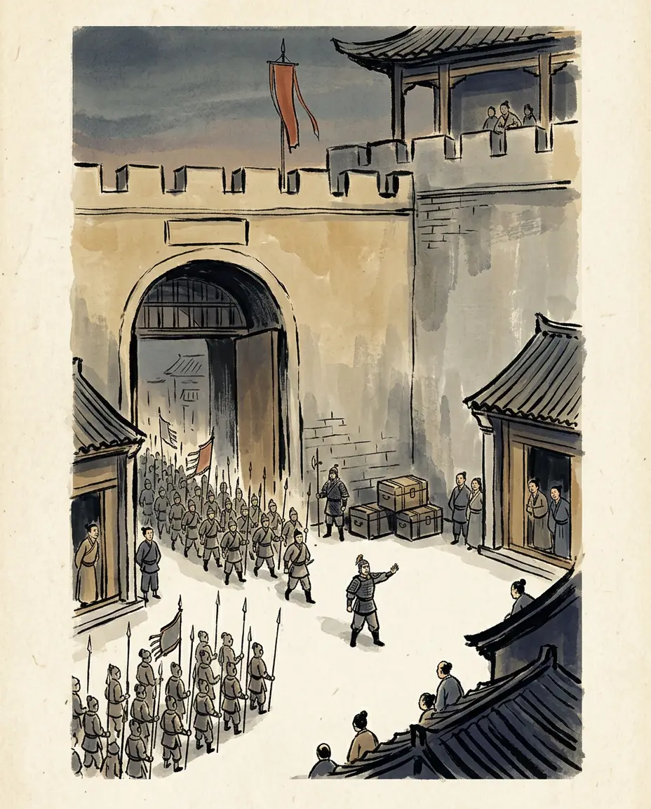 Panel 14: Gong'an surrendered and Jiangling opened its gates; the families of Guan Yu's army and the province's treasuries fell intact into Lu Meng's hands. He sealed the treasuries for Sun Quan, forbade his soldiers to take a thread from the people, and sent physicians, food and clothing to the old and the sick.