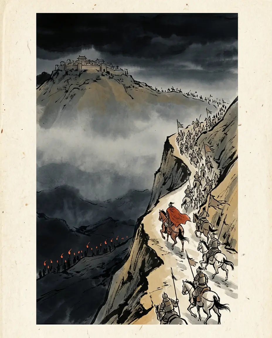 Panel 16: What was left of the army was not an army. Guan Yu fell back, shut himself in the small walled town of Maicheng, raised a false show of surrender on the walls, and slipped out by night with a few hundred riders. He was caught on the road; the histories agree that he was taken and killed, with his son Guan Ping, and disagree about exactly where.