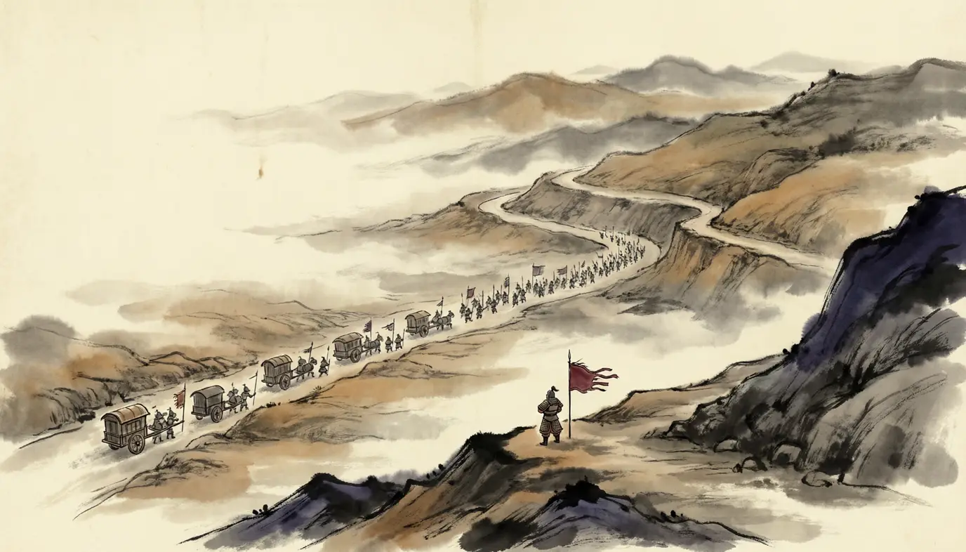 In misted hills above a winding mountain road, a commander in Wu armour looks down on a long column of Wei carts and banners strung out through a narrow pass, Shiting 228 CE