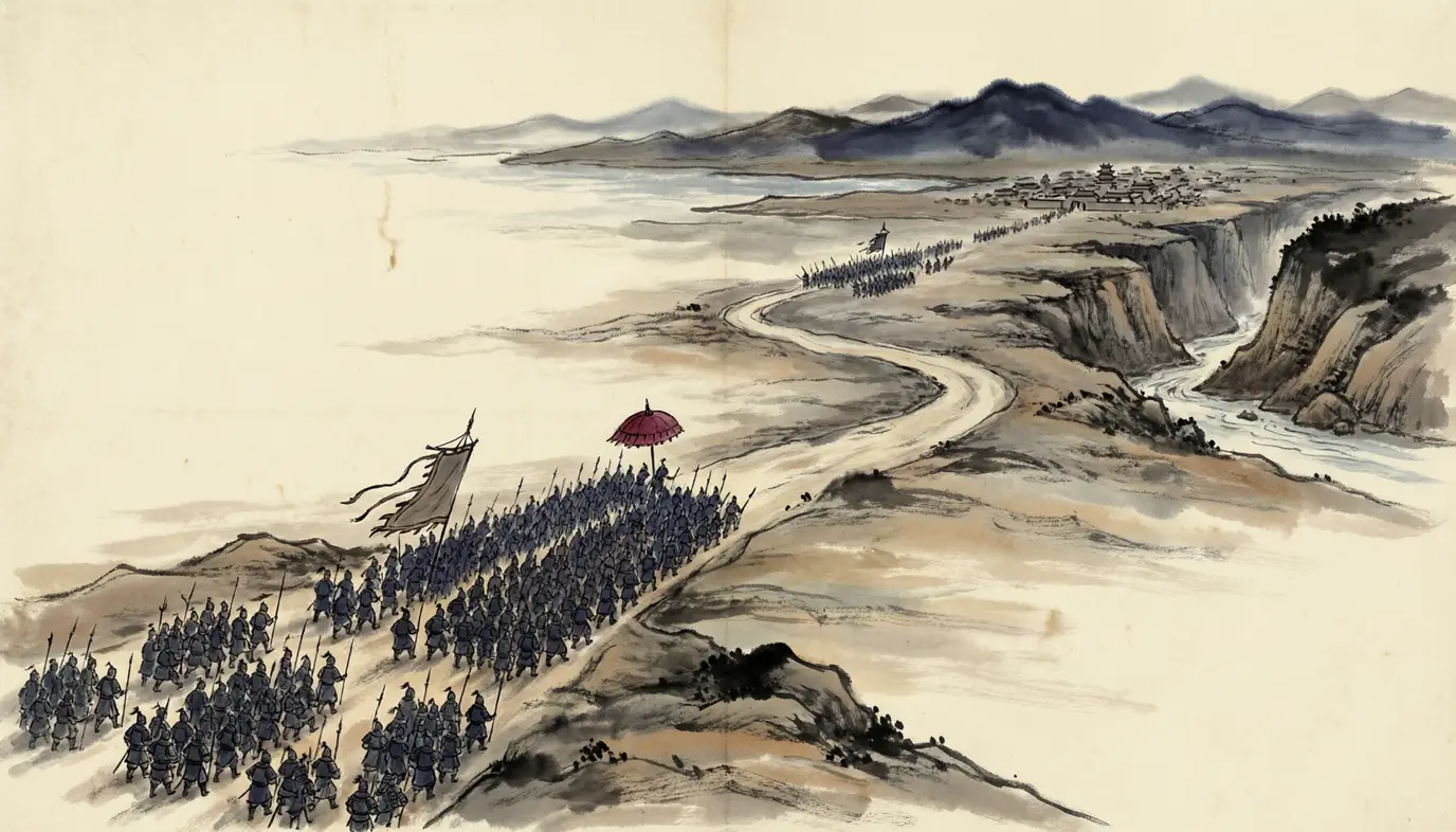 Panel 02: In the second month of 228, the Wei court opened a great campaign against Wu on three roads: Cao Xiu down the Huai toward Poyang, Sima Yi from Jing province toward Jiangling, and Cao Zhen against the middle Yangtze. The largest of the three armies was given to a cousin of the house of Cao.