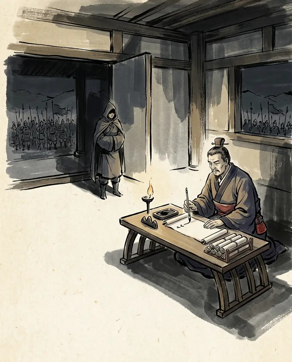 Panel 03: In Poyang, south of the river, a Wu official called Zhou Fang had been sending letters north. Seven articles of them, the sources say: Poyang, he told Cao Xiu, wished to submit its commandery to Wei. He had been sending them for years.