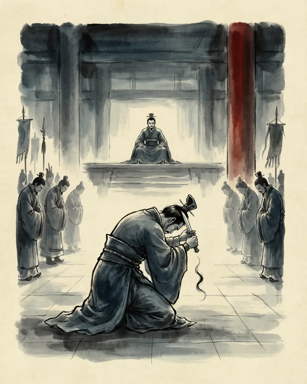Panel 04: Cao Xiu's spies pressed for a proof that words could not give. Zhou Fang stood before his own king's court at Wuchang and drew a blade across his head. To cut one's hair was to mutilate the body one had received from one's parents — the gesture, under the law of the age, was the price of a great crime. Afterward, the biography says, he shut his gates and pretended to hold his commandery for Wei.
