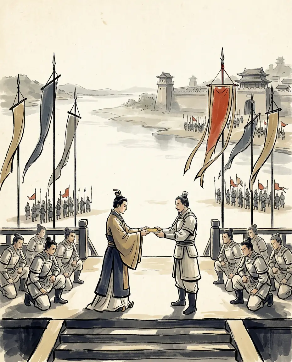 Panel 05: At Wuchang, Sun Quan answered the three roads with one command. Lu Xun, the scholar who had burned four hundred li of Liu Bei's stockades six years before, was made grand commander of the whole eastern front, with the golden tally and the authority of the king's own presence. Six armies were given into his hand.