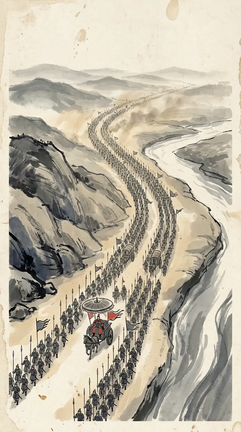 Panel 06: Cao Xiu believed. With ten thousand cavalry and a hundred thousand soldiers, the sources say — the number is the shape of the danger, not a muster — he took the road south from Wan, down the Jiashi causeway, with Zhou Fang's letters for his map and Poyang for his prize.