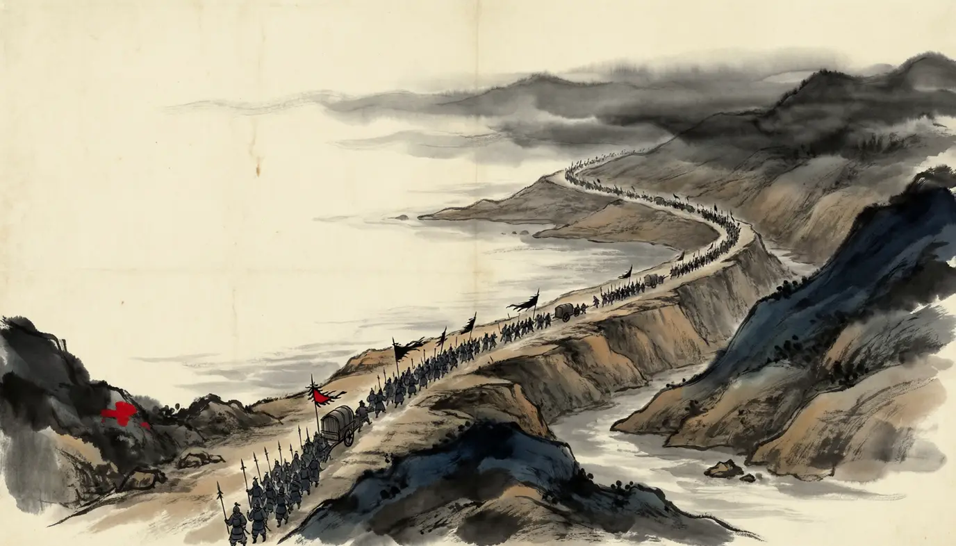 Panel 07: The road went where the army could not deploy: the Jiashi causeway between the river and the hills, long causeways and narrows where carts went single file. Cao Xiu's column strung out for a hundred li, and Zhou Fang's own troops, it was said, had already come out to meet the new master.