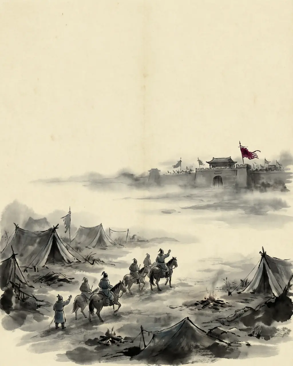 Panel 08: Then the defector's camp was empty, and Zhou Fang's men were gone — not over to the Wei side, but back inside the Wu lines. The scouts who went to find Poyang found Wu banners where Poyang should have been, and the road behind the Wei column was no longer the road it had been that morning.