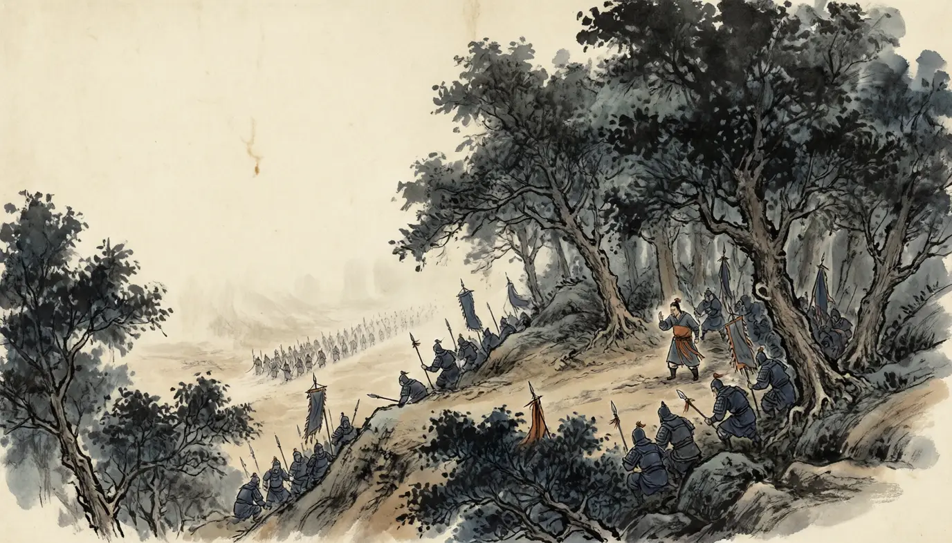 Panel 09: At Shiting, where the mountains open toward Poyang, Lu Xun had three armies waiting. When the Wei column was fully inside the pass, the Wu drums answered on both flanks at once.