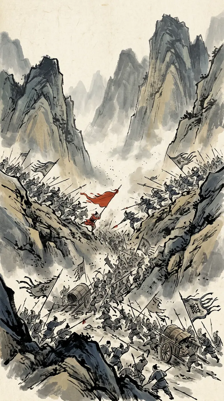 Panel 10: The battle was decided in one morning. Strung out on causeways where no line could form, the Wei army was cut into pieces. Tens of thousands were killed or taken; the baggage train — carts, stores, weapons, and the seals of office — went to Wu as one spoil.