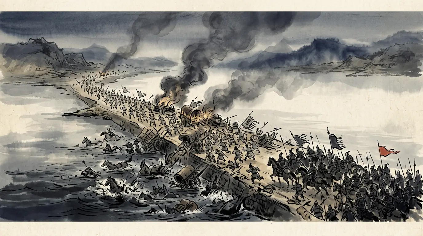 Panel 11: Cao Xiu ran back the way he had come. On the Jiashi road the column that had marched south in order came north in pieces: carts dragged into the river to clear the way, baggage burning where the road narrowed, and the Wu pursuit coming on behind.