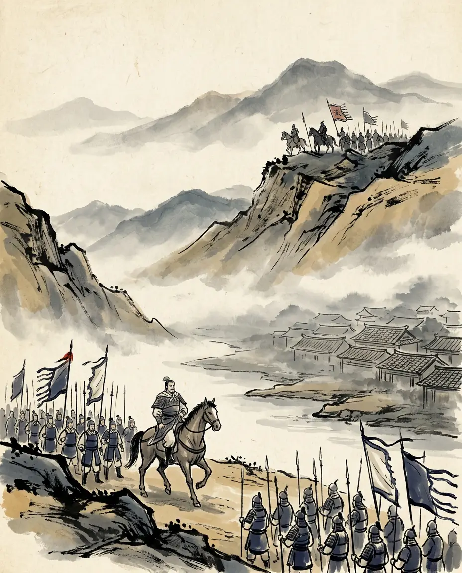 Panel 12: What kept the rout from becoming an annihilation was a general who had not wanted the war. Jia Kui, governor of Yuzhou, had marched his own column east against his own advice. He came up at Jiakou just as the Wu pursuit closed — and the pursuit, finding a fresh army where it had expected a broken one, pulled back.