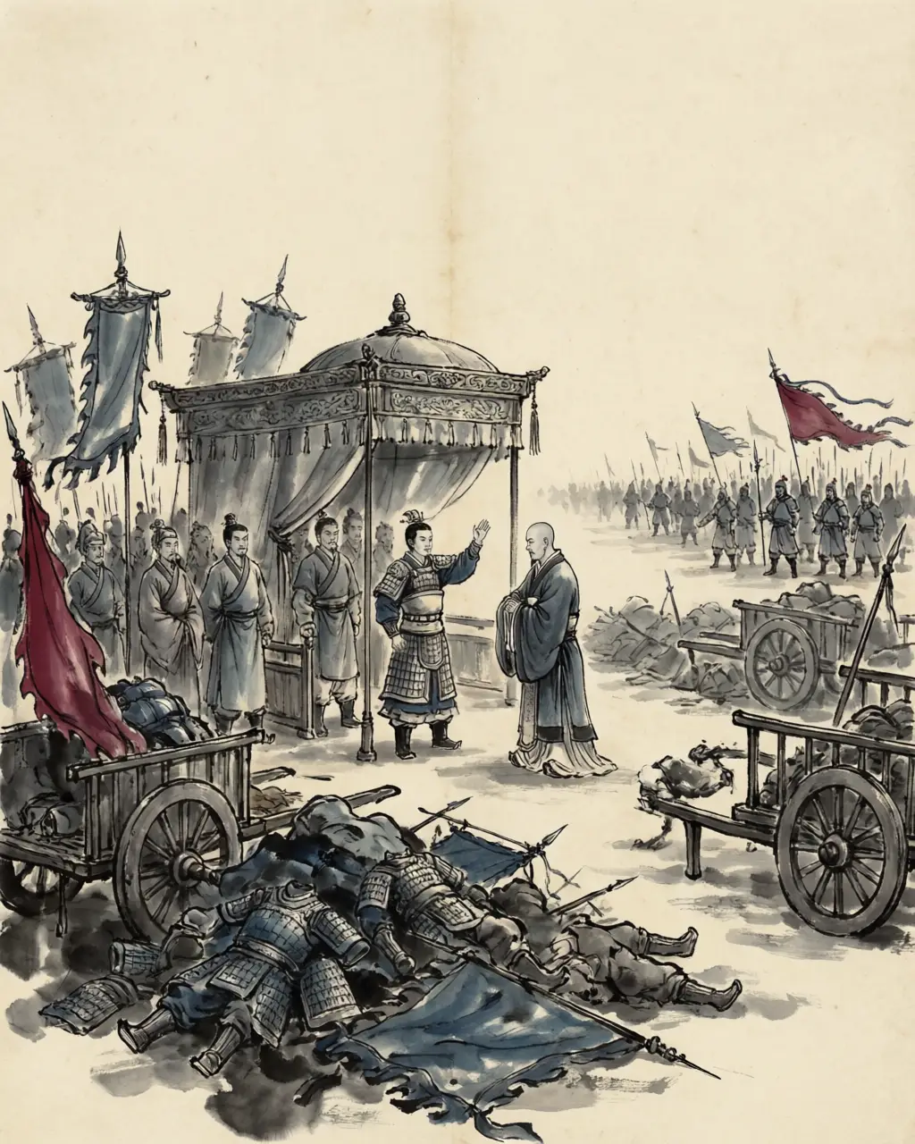 Panel 13: At Wuchang the spoil was counted before the king: ten thousand prisoners and dead, carts and weapons without number, and the seals of the defeated army. Sun Quan made Zhou Fang's deed the story of the day — the man who had cut his hair to save his country.