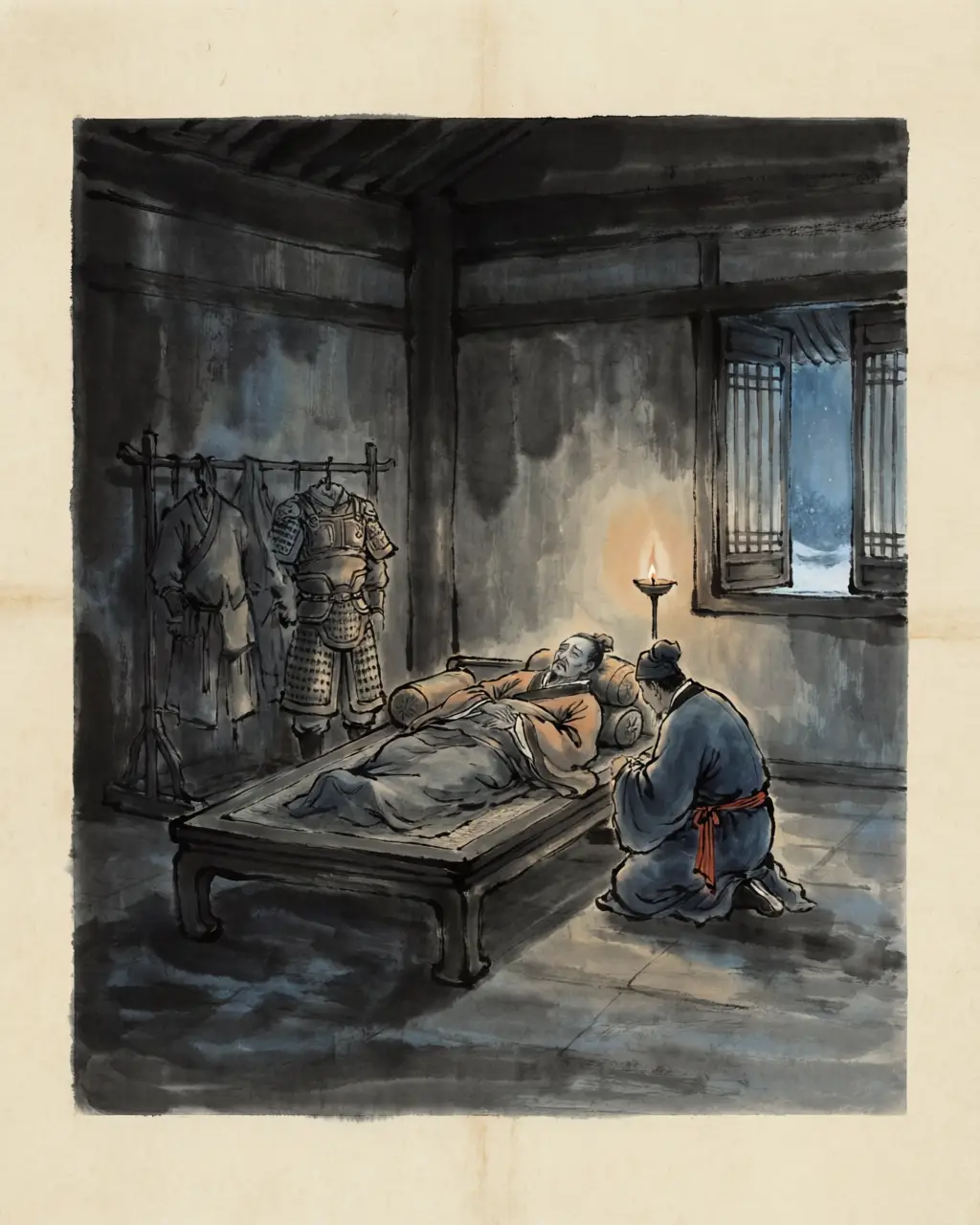 Panel 14: In the Wei camp, Cao Xiu lived. The defeat was survived; the winter was not. His biography says he died that same year of an ailment of the back — and the Wei records do not trouble to hide that shame went with it.