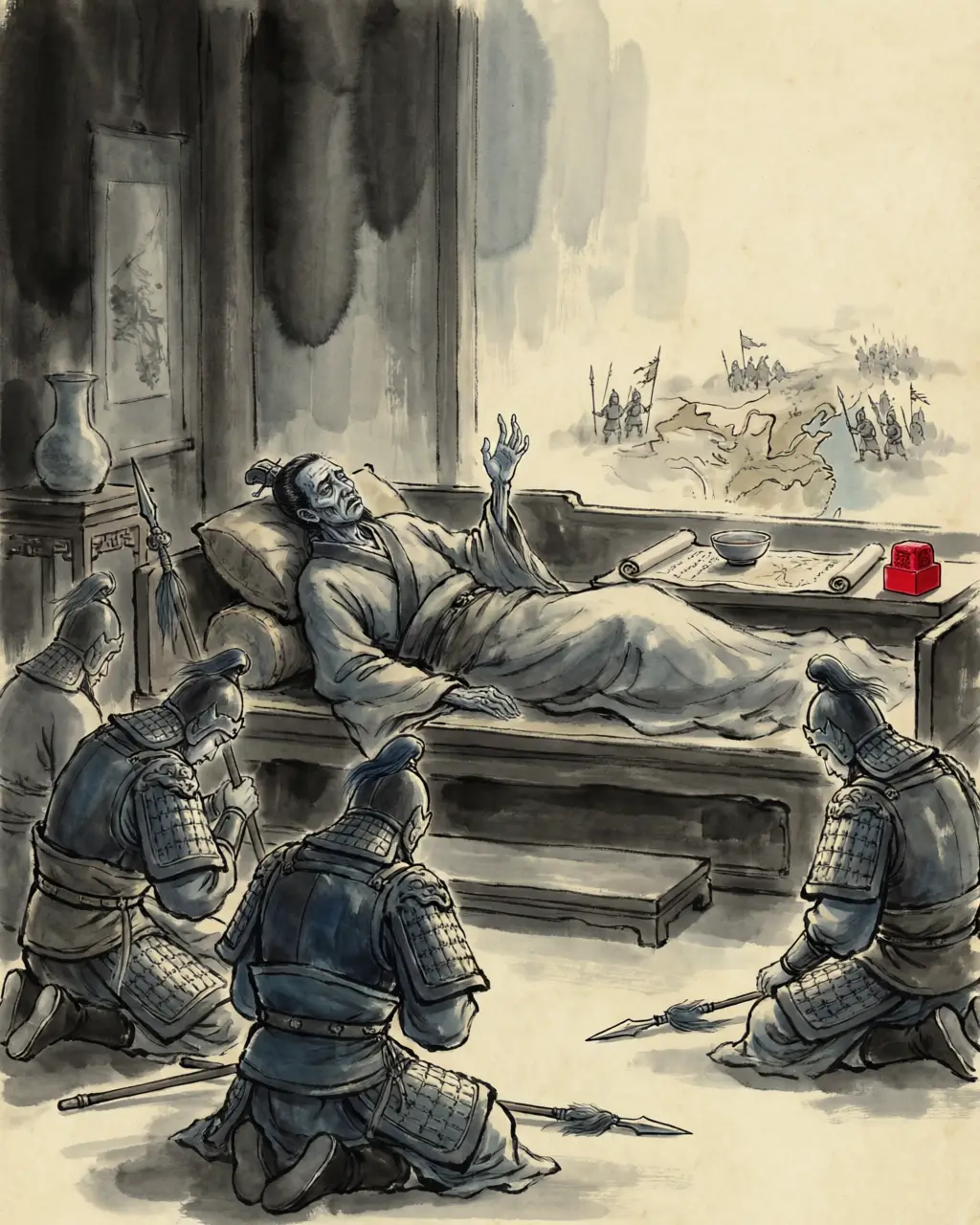 Panel 15: Jia Kui did not live much longer — illness took him in the same year. On his deathbed, the Wei record says, he asked that the eastern front be held with settled defence and not great offensives. Two of the three roads of 228 ended with their commanders in the ground.