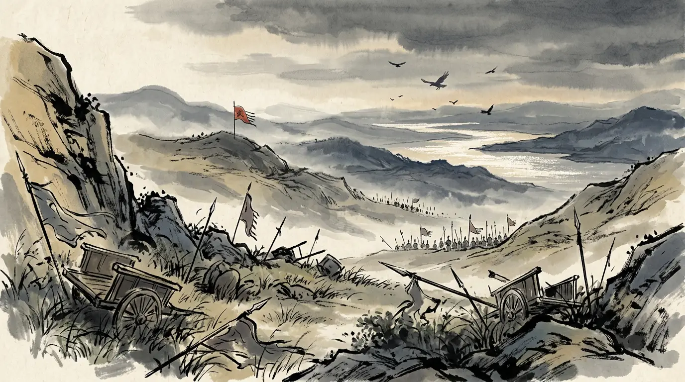 Panel 16: Shiting was one of the few great set-piece victories the record gives to Wu — planned not in a night of fire but over years of letters, and won by a scholar-commander at the head of an ambush. The novel gives it half a page. The histories give it the shape of a campaign.