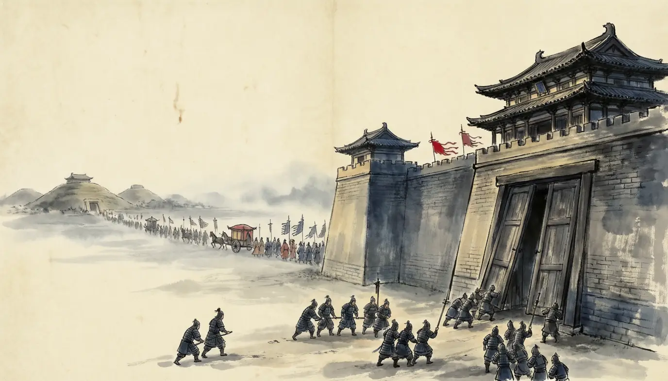 At dawn armoured soldiers haul the great gates of Luoyang shut while in the distance an imperial procession with banners moves away toward the mound tombs on the plain, 249 CE