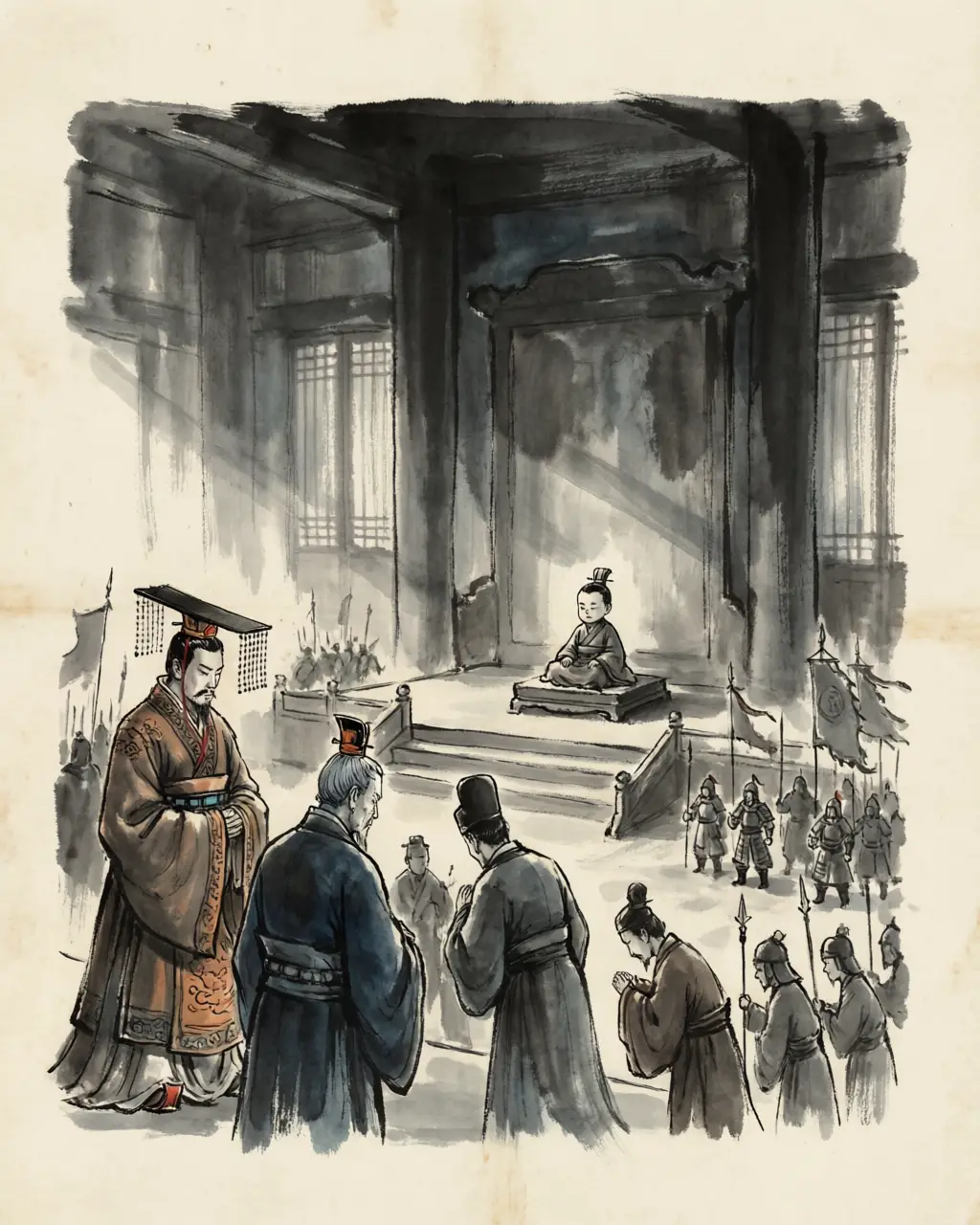 Panel 02: It began eight years earlier. In 239 the emperor Cao Rui died and left his eight-year-old heir Cao Fang to two regents: Cao Shuang, kinsman of the imperial house, and Sima Yi, the old commander of the western wars. They did not share for long. Cao Shuang moved Sima Yi from the command of the armies to the higher, emptier seat of Grand Tutor — and the court was his.