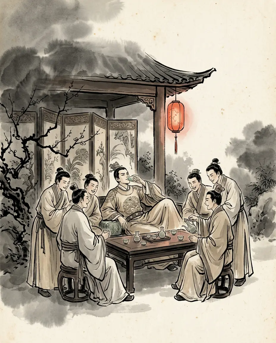 Panel 03: For years Cao Shuang held the court through his brothers and his favourites — He Yan, Deng Yang, Ding Mi, Bi Gui, Li Sheng. The record against him is heavy: the late emperor's carriages and instruments used for his own pleasure, his banquets running deep into the night.