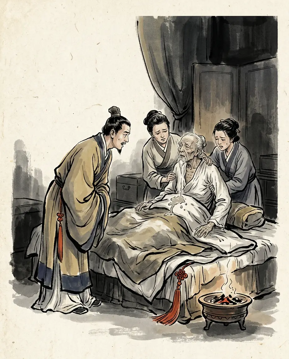Panel 04: In 247 Sima Yi claimed illness and withdrew from affairs. When Cao Shuang's man Li Sheng came to take leave before a provincial posting, the old man had two maidservants hold him up, let porridge run from his mouth down his chest, and spoke only of death and of his two sons. Li Sheng went back and reported: he is finished.