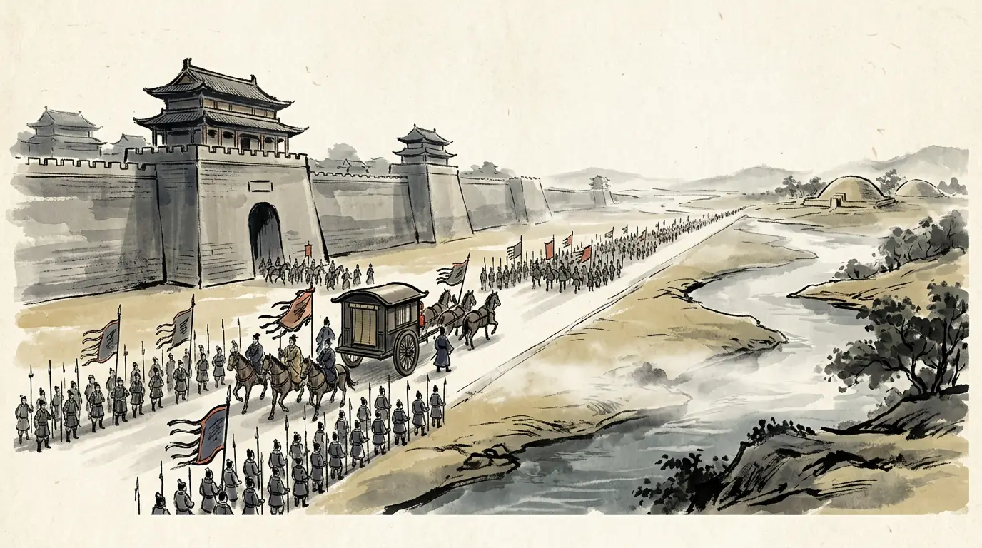 Panel 05: On the day jiawu of the first month of 249 the emperor Cao Fang rode out of Luoyang to visit the Gaoping Tombs, the imperial burial ground south of the city along the Luo river. Cao Shuang and his brothers rode with him — and so did almost everyone who mattered.