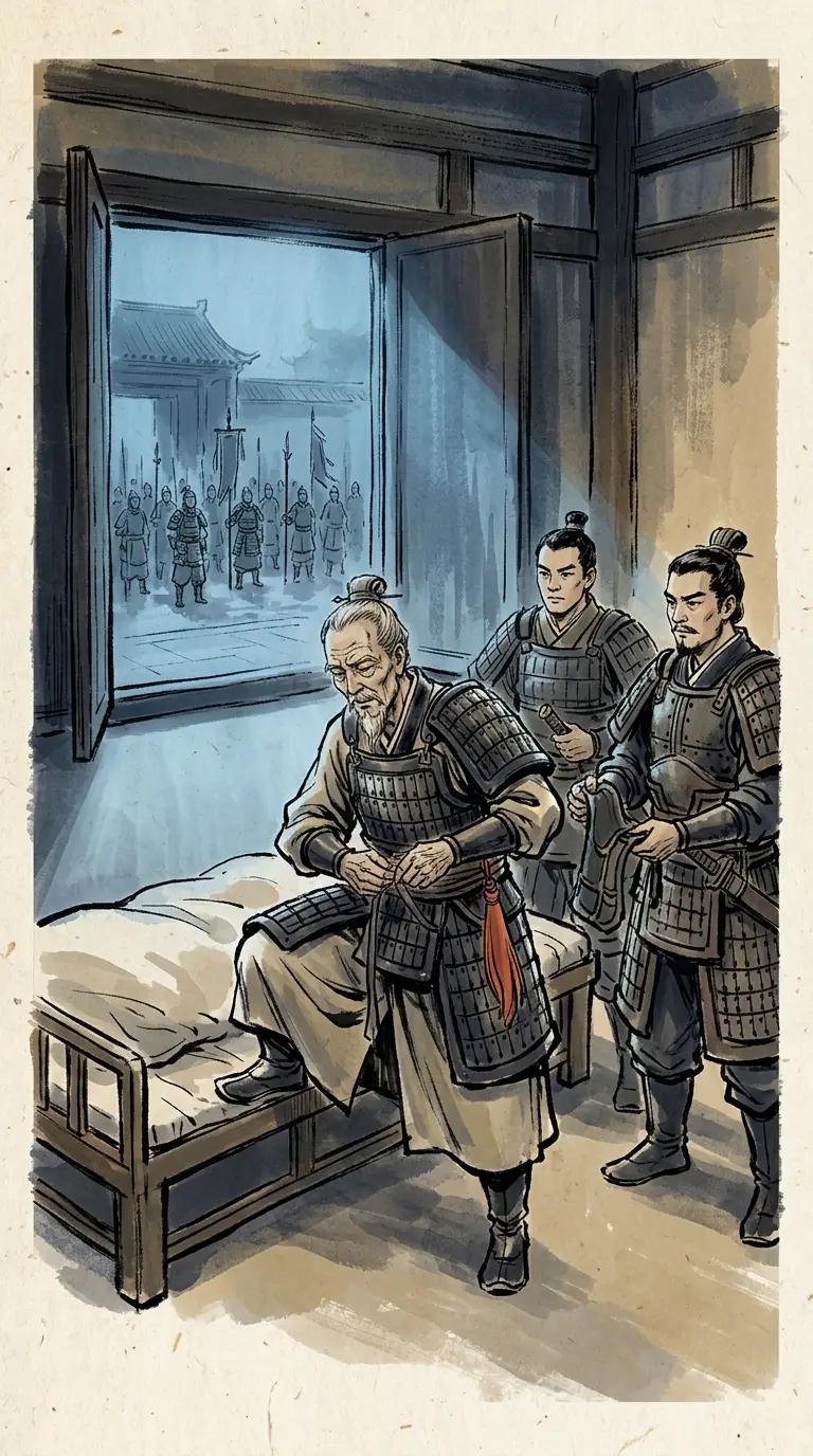 Panel 06: In the city, the sick man rose. Sima Yi put on armour. His elder son Sima Shi brought out the men he had been quietly gathering: three thousand sworn retainers, all ready to die, whose existence the court had never suspected.