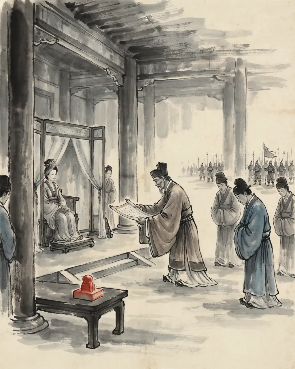 Panel 07: First, the paper. Sima Yi laid a memorial before the Empress Dowager Guo listing Cao Shuang's offences against the throne and the orphan's trust, and asked for his removal. The edict came down: Cao Shuang was stripped of office.