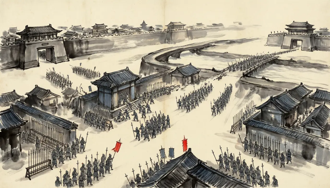 Panel 08: Then, the gates. Luoyang's gates were closed. Sima Yi's men seized the armouries and the palaces, and a column went out to hold the floating bridge over the Luo river. No one of consequence was left inside the city to fight; the capital changed hands without a battle.