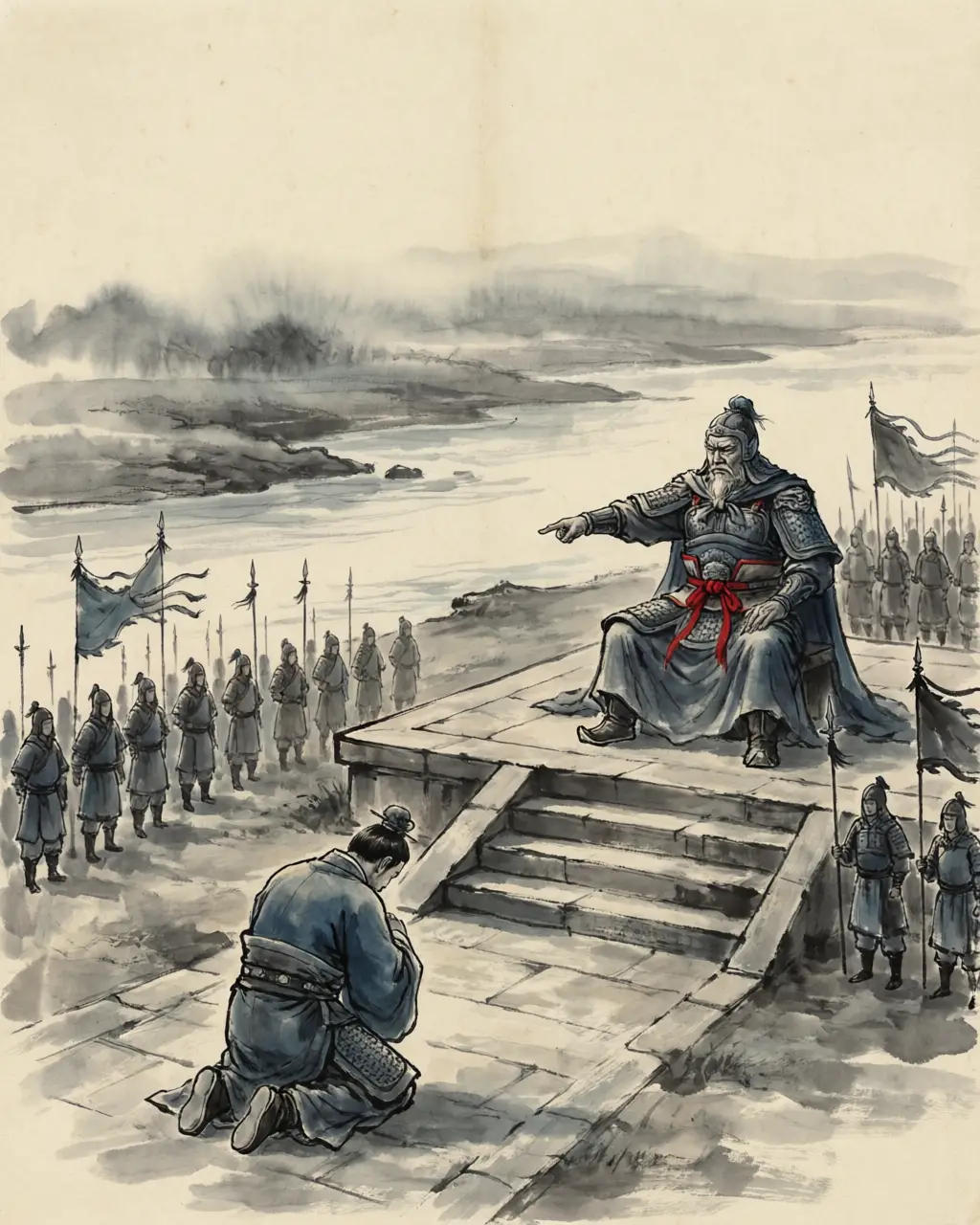 Panel 09: The old commander said he wanted no war, only his office back. When Cao Shuang's man Zhang Dang came to sound his intent, Sima Yi sent him home with the offer: the regent loses no more than office. Then he pointed at the river Luo itself and swore it.