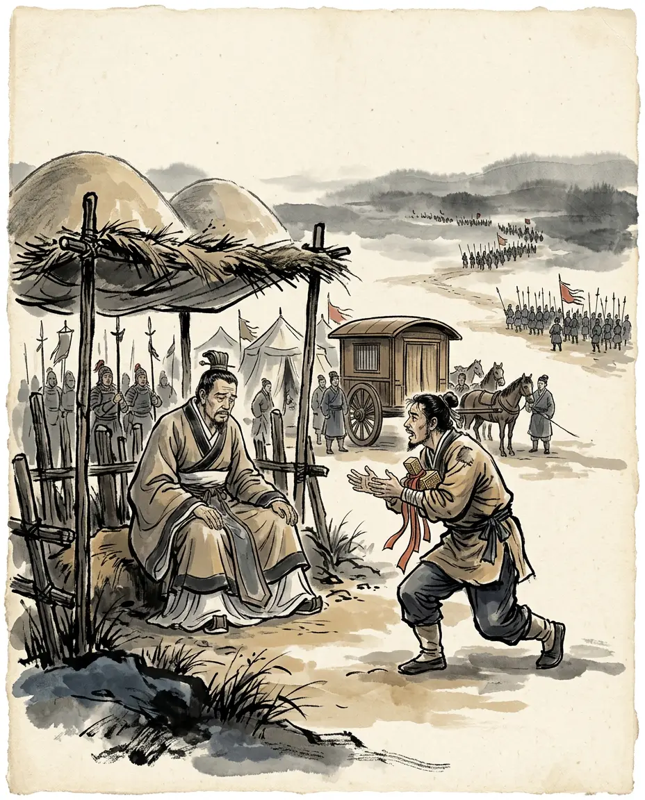 Panel 10: Not everyone had stayed in the city. Huan Fan rode out through the gates with the emperor's seal and brought the one bold counsel to the camp at the tombs: carry the Son of Heaven to Xuchang, call on the armies of every province — who will dare refuse the emperor? Cao Shuang listened, and could not decide.