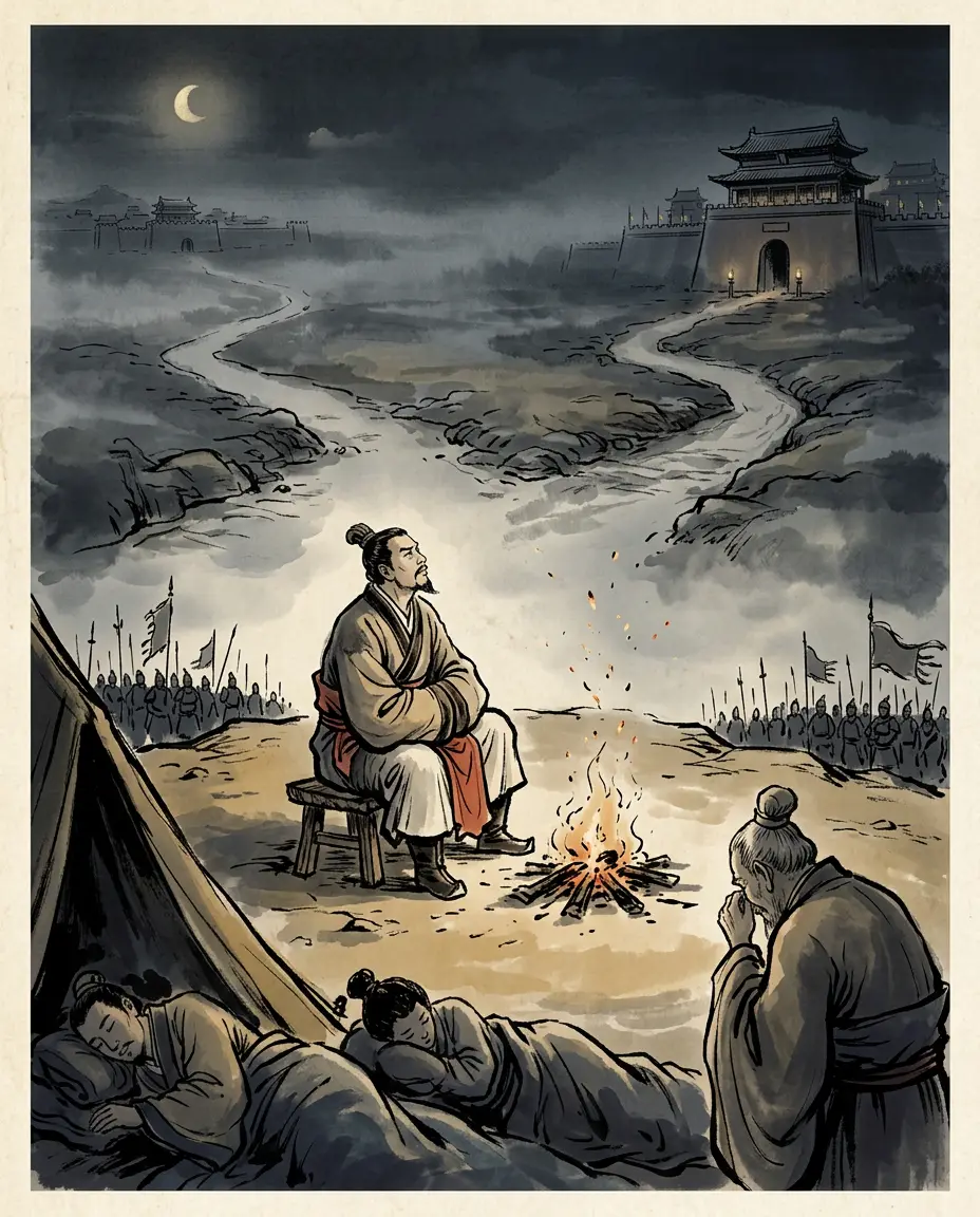 Panel 11: The night went by over a dying fire. At last Cao Shuang said: even so, I can still be a wealthy marquis. Old Huan Fan wept: Cao Zidan was a good man, but his sons are pigs and donkeys. In the morning the answer went back to the city: he would yield.