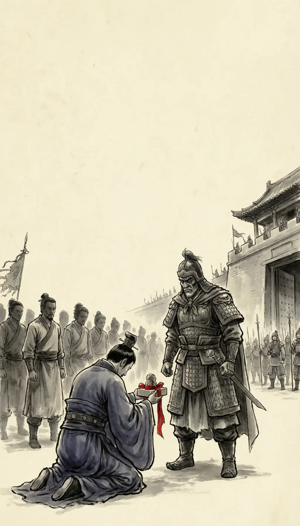 Panel 12: Cao Shuang sent up the emperor's seal and ribbons, dismissed his followers, and came back to Luoyang to live under guard in his own mansion. On the road he was still telling himself about the marquisate. The gates that had shut behind him now shut around him.