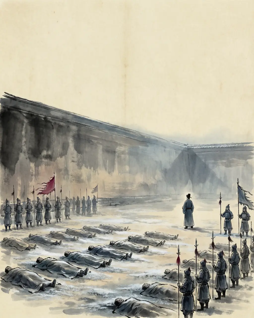 Panel 13: Ten days had not passed when an impeachment of great treason came before the throne, and the law officers took the case. Cao Shuang, his brothers Cao Xi and Cao Xun, and his faction — He Yan, Deng Yang, Ding Mi, Bi Gui, and Huan Fan who had carried the seal — were executed, and their three branches of kin with them.