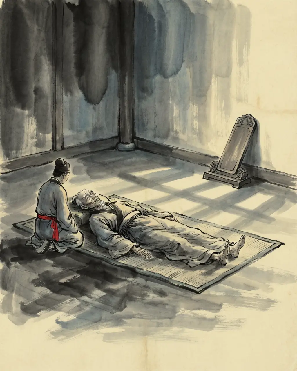 Panel 14: One man had sworn the oath that bought the surrender, and he did not live with it. Jiang Ji, whose letter had gone into the camp promising no more than loss of office, asked Sima Yi to keep faith, could not prevail, and died of remorse within months.