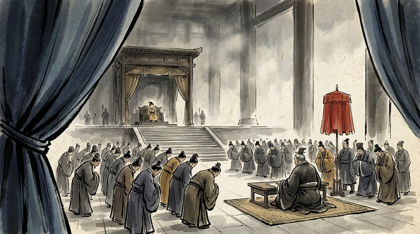 Panel 15: The emperor kept his throne — that was the whole difference from the day before. Sima Yi declined the chancellorship and the Nine Bestowals offered him, and governed from a mat below the dais. Every memorial, every appointment, every guard went through his hands first.
