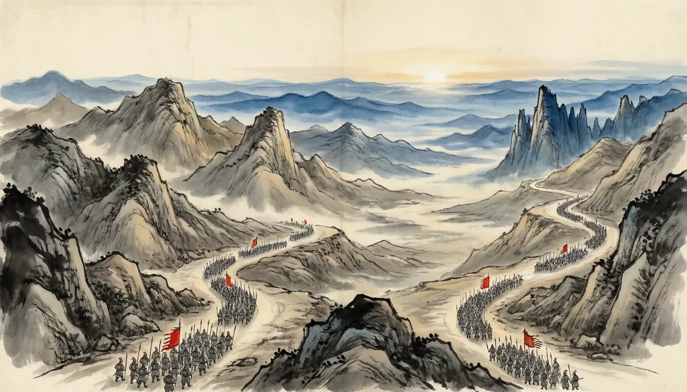 At dawn three columns of tiny Wei soldiers with banners descend separate winding mountain roads toward the mist-filled valleys of Shu, 263 CE