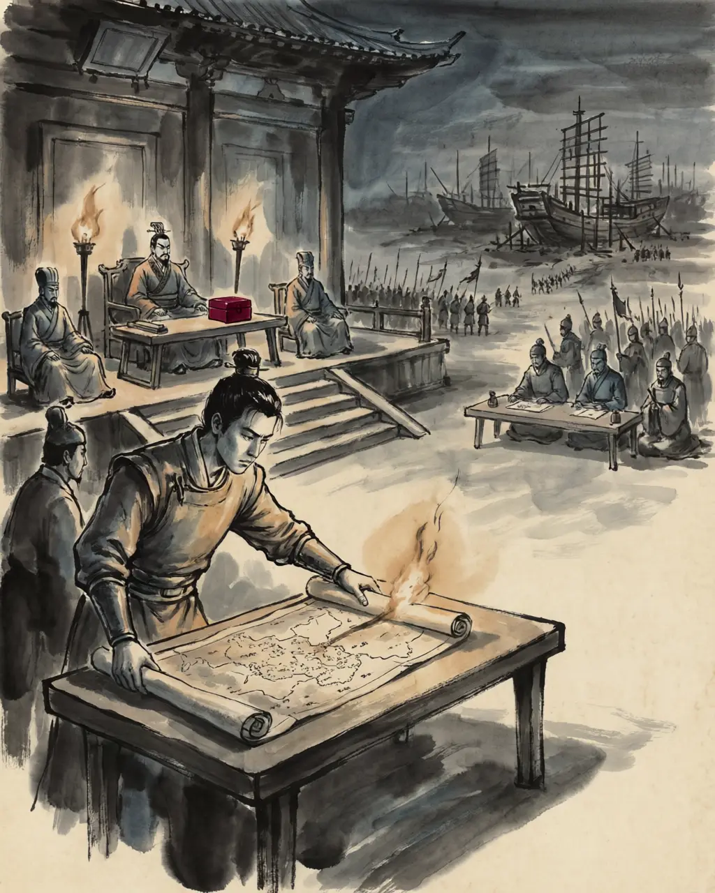 Panel 02: The war was made at Luoyang by the man who held the Wei court, Sima Zhao, and the man who wanted it, Zhong Hui. To keep Wu quiet and Shu blind, ships were built on the eastern rivers as if for a southern invasion; then, in the autumn of 263, the edict went out — west and south, into the mountains.