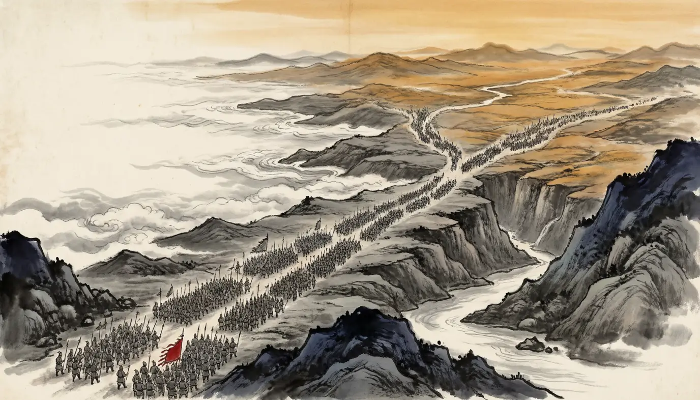 Panel 03: Three roads, one kingdom. Zhong Hui with rather more than a hundred thousand came down from Xiegu and Luogu toward Hanzhong, the main blade. Deng Ai with thirty thousand and more went to pin Jiang Wei down at Gan Song and Tazhong. Zhuge Xu with thirty thousand more went to close the door behind him at Wujie and Qiaotou.