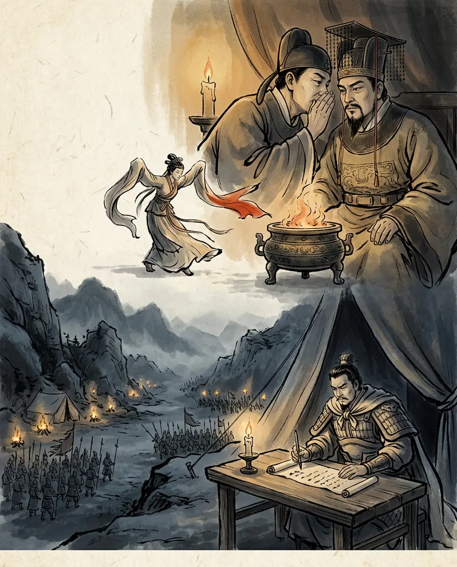 Panel 04: Jiang Wei had seen the storm coming. From his western camp he sent word to Chengdu: send Liao Hua and Zhang Yi to hold Yang'an Pass and the bridgehead at Yinping before the enemy arrives. The eunuch Huang Hao trusted his shamans, who said the enemy would never come; the memorial was shelved, and the court never knew.