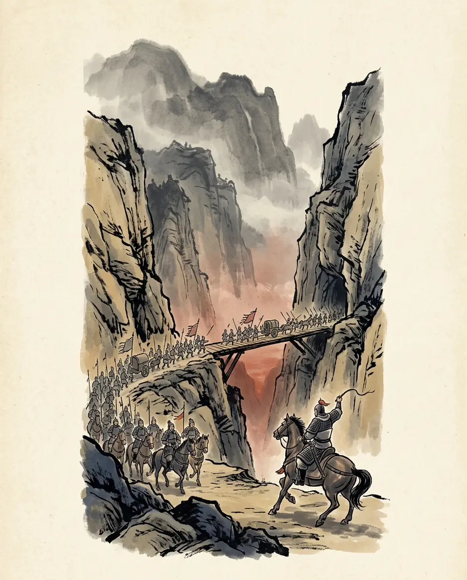 Panel 05: Jiang Wei abandoned Tazhong and marched east with Zhuge Xu closing at Qiaotou to cut him off. Jiang Wei turned as if to strike into Xu's own rear; Xu hesitated and drew back, and in the space of that day Jiang Wei was through and away toward Jiange. Zhong Hui had Zhuge Xu sent home in a prisoner's cart for not closing the door, and took his army.