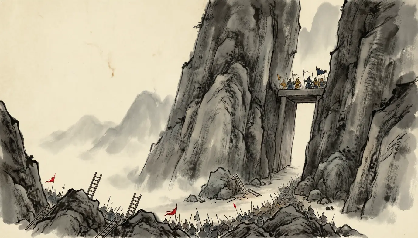 Panel 06: Zhong Hui broke into the Hanzhong basin — Yang'an Pass opened by a turncoat's surrender, Fu Qian fighting to the death at his post — and came to Jiange, the gate of sword-point cliffs on the road to Chengdu. Jiang Wei was there, inside it. A hundred thousand men could not move him; the northern army's grain grew thin, and Zhong Hui began to speak of turning home.