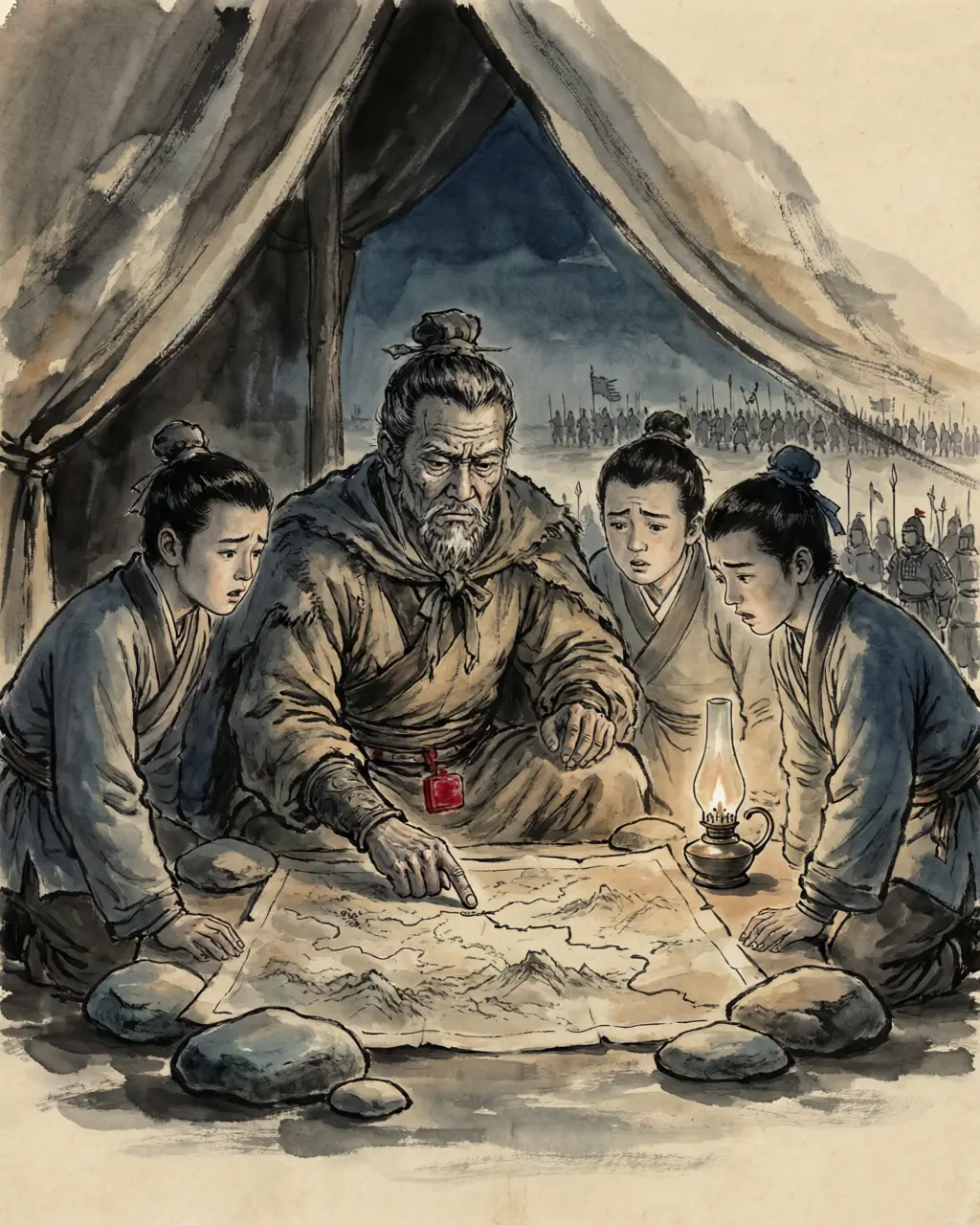 Panel 07: Then Deng Ai sent his plan in from the west: take the trailless road from Yinping, by way of Han Deyang Pavilion, straight to Fu County — west of Jiange, three hundred li from Chengdu, a dagger aimed at the heart. The garrison at Jiange must run back to save Fu, he wrote, and ended with the old soldier's rule: attack where there is no preparation, emerge where there is no expectation.