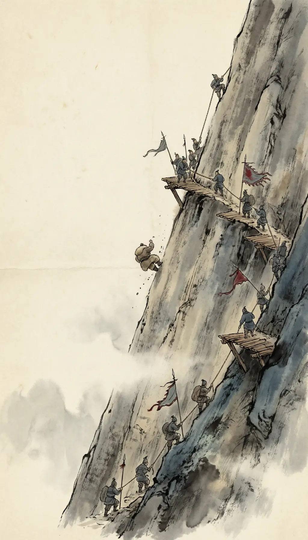 Panel 08: He took it himself. Seven hundred li of mountain with no road: they chiseled a path and hung plank galleries over the void, and still the grain failed and the army nearly broke. At the worst cliff Deng Ai wrapped himself in felt and rolled down; his soldiers climbed by tree and rock, each man following the one before.