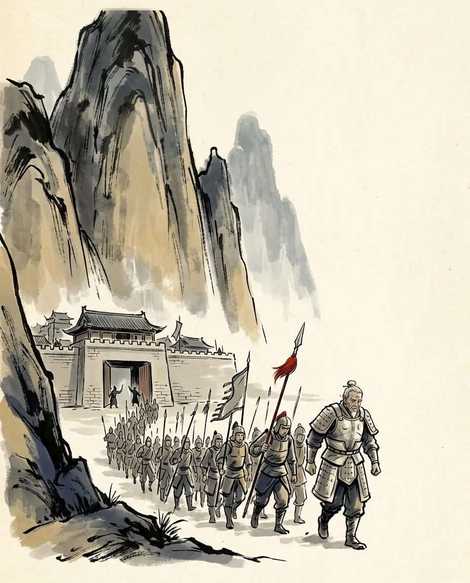 Panel 09: At the foot of the mountains lay the garrison town of Jiangyou. Its commander, Ma Miao, looked at the ragged army that had come out of nowhere, and opened his gates. The first defence of Shu's heartland surrendered without a battle; the mountain army took grain, a foothold, and a road.