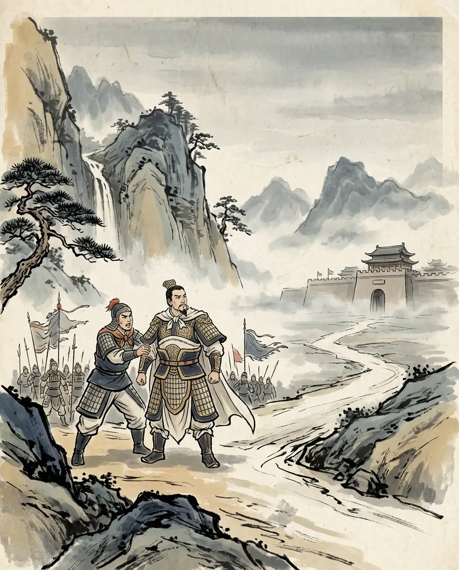 Panel 10: What Chengdu could still gather was given to Zhuge Zhan, Zhuge Liang's son: the last field army of Shu-Han. His officer Huang Chong urged him again and again to seize the defiles at speed and keep the enemy off the plain. Zhuge Zhan did not advance; the defiles were lost, and he drew back to the walled city of Mianzhu. Deng Ai wrote first, offering him the kingship of Langye if he surrendered; Zhuge Zhan killed the messenger.