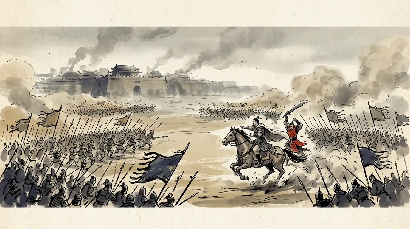 Panel 11: Deng Ai sent his son Deng Zhong against Zhuge Zhan's right and Sima Shi against the left. Both attacks broke and came back, and both reported the enemy could not be beaten. Deng Ai's answer was that life and death stood on this one battle, and if they turned back again he would take their heads. They turned again — and the line at Mianzhu broke.